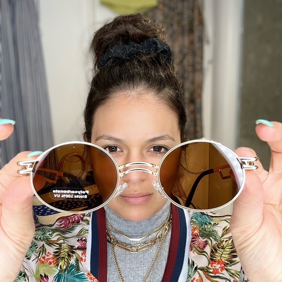 Brown lenses round gold frame double bridge nose small round sunglass - Picture 2 of 4